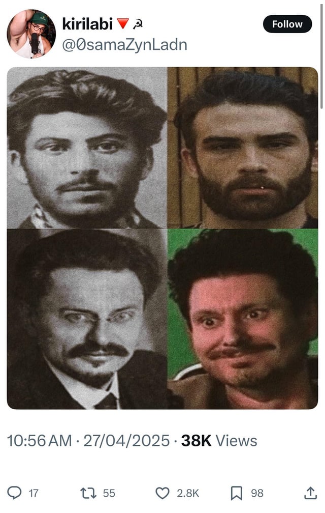 The meme is a collage of images of left-wing activists from the early 20th century, including Lenin and Trotsky, with the faces of modern-day left-wing activists, such as Tankies, photoshopped onto them. The text "Tan...