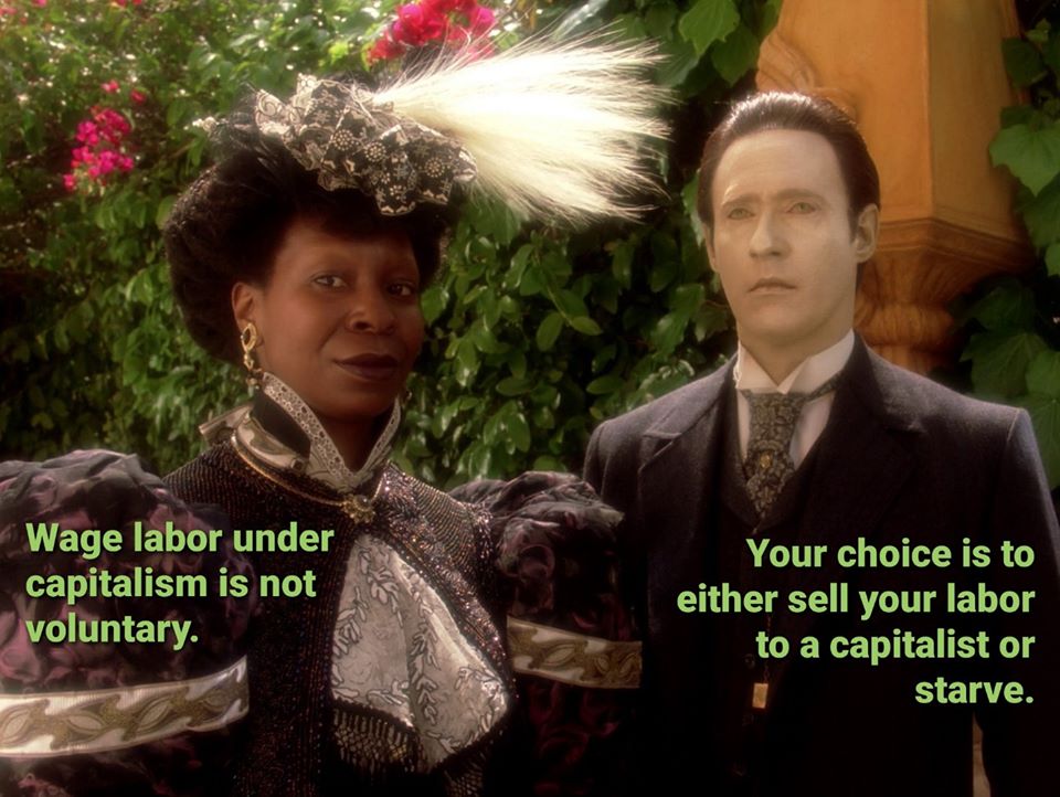 This meme is a humorous take on the concept of wage labor, using a quote from the 1985 film "The Princess Bride" to make a satirical commentary on the nature of work and employment. The image shows a character from the movie, Inigo, and his wife, saying "Wage labor under capitalism is not voluntary." The text is then followed by "Your choice is to either sell your labor to a capitalist or starve."