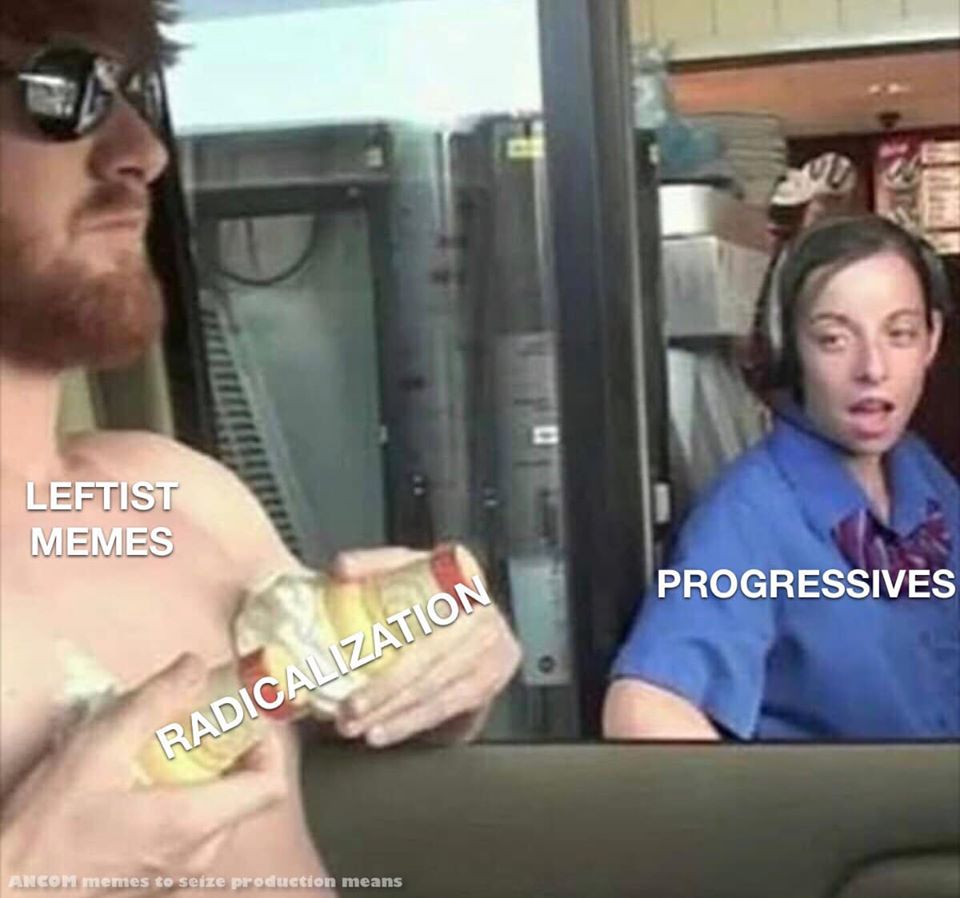 This meme is a humorous image of a person, presumably a customer, yelling at a fast food worker, who is responding calmly. The text "LEFTISTS" is written on the customer's chest, while the worker's name tag reads "PROGRESSIVES". The customer is holding a cup that says "RADICALIZATION" and is shouting "I WANT TO SPEAK TO YOUR MANAGER!"