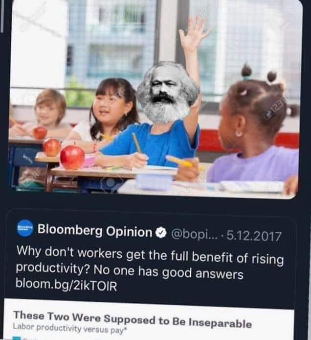 This meme is an image of a classroom with children sitting at desks, but one of the children has been replaced with a photo of Karl Marx, the 19th-century philosopher and economist. The caption above the image reads "When Marx's theory of alienation is actually taught in schools."
