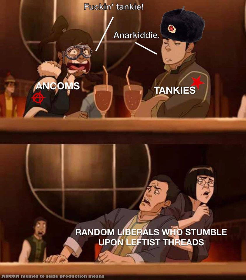 The meme features a scene from the animated series "Avatar: The Last Airbender" where a character is trying to intimidate someone by making a threatening face. The meme replaces the character's face with a image of a "tankie" (a supporter of authoritarian leftism) with a comically exaggerated, cartoonish expression. The text "I'm a tankie" is overlaid on the image, and the caption reads "I'm a tankie" in a mocking, sarcastic tone.
