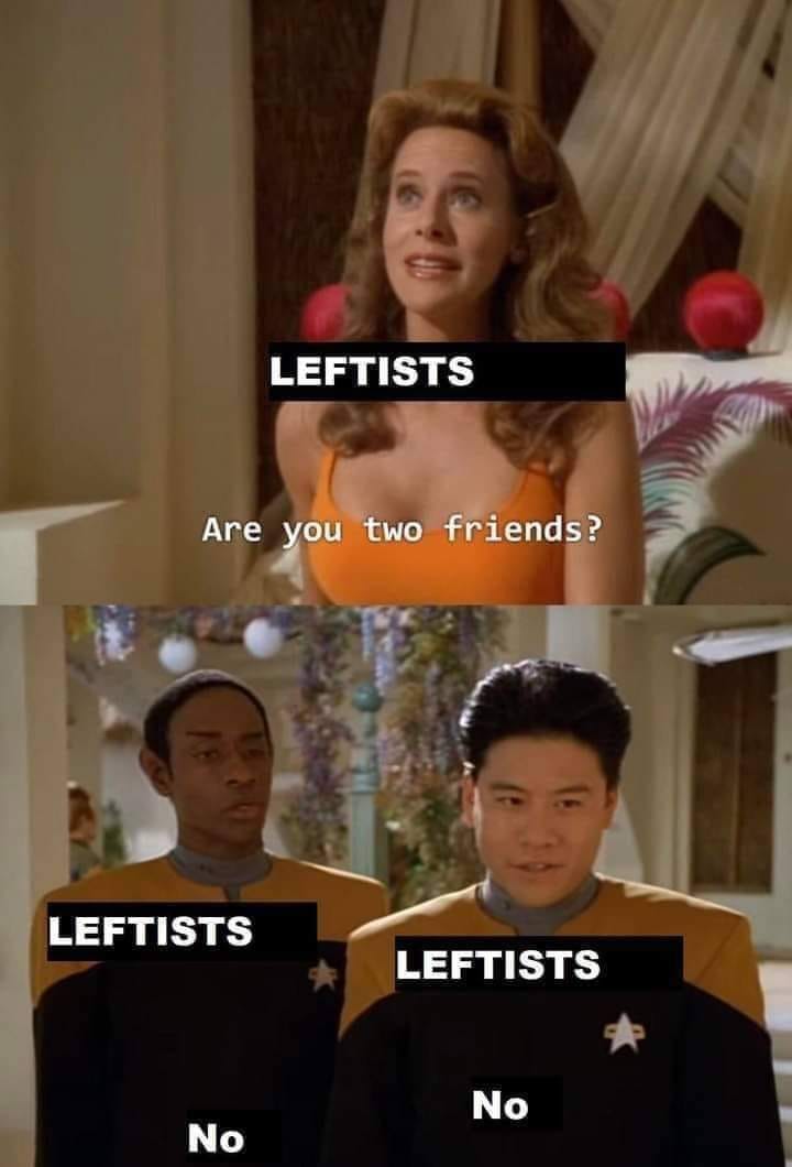 This meme is a humorous take on the stereotype that left-handed people (lefties) are more likely to be leftists (politically left-leaning). The image juxtaposes a woman asking if she's a leftie and a group of lefties responding with a "no" to her question about her politics.