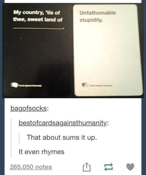 This meme is a joke about the US national anthem, "The Star-Spangled Banner". The text "My country, 'tis of thee" is followed by a humorous and sarcastic continuation, "sweet land of liberty, thou hast... been... THOROUGHLY... VACUUMED!" The joke is a play on the phrase "sweet land of liberty" from the anthem, but replaces it with a ridiculous and absurd statement about the country being thoroughly vacuumed.