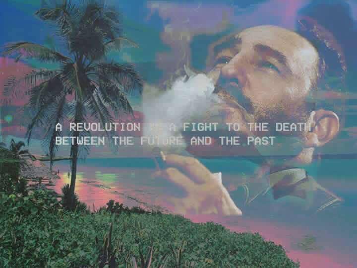 The meme is a humorous image of a person sitting on a beach, surrounded by palm trees and a sunset. The text "A revolution is not a dinner party, or a film, or a play. It's a fight to the death between the past and the future" is superimposed over the image, implying that the person on the beach is engaged in a fierce struggle between the past and the future. The image is likely meant to be humorous and ironic, poking fun at the idea of a "revolution" being a dramatic and intense struggle.