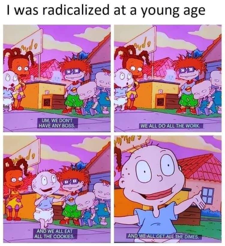 This meme is a humorous take on the classic 1990s Nickelodeon show "Rugrats." The image features a scene from the show, but with the characters' dialogue edited to sound like they're being extremely confrontational and aggressive. The text at the top reads, "I was radicalized as a child" and the bottom text reads, "I was radicalized at a young age."