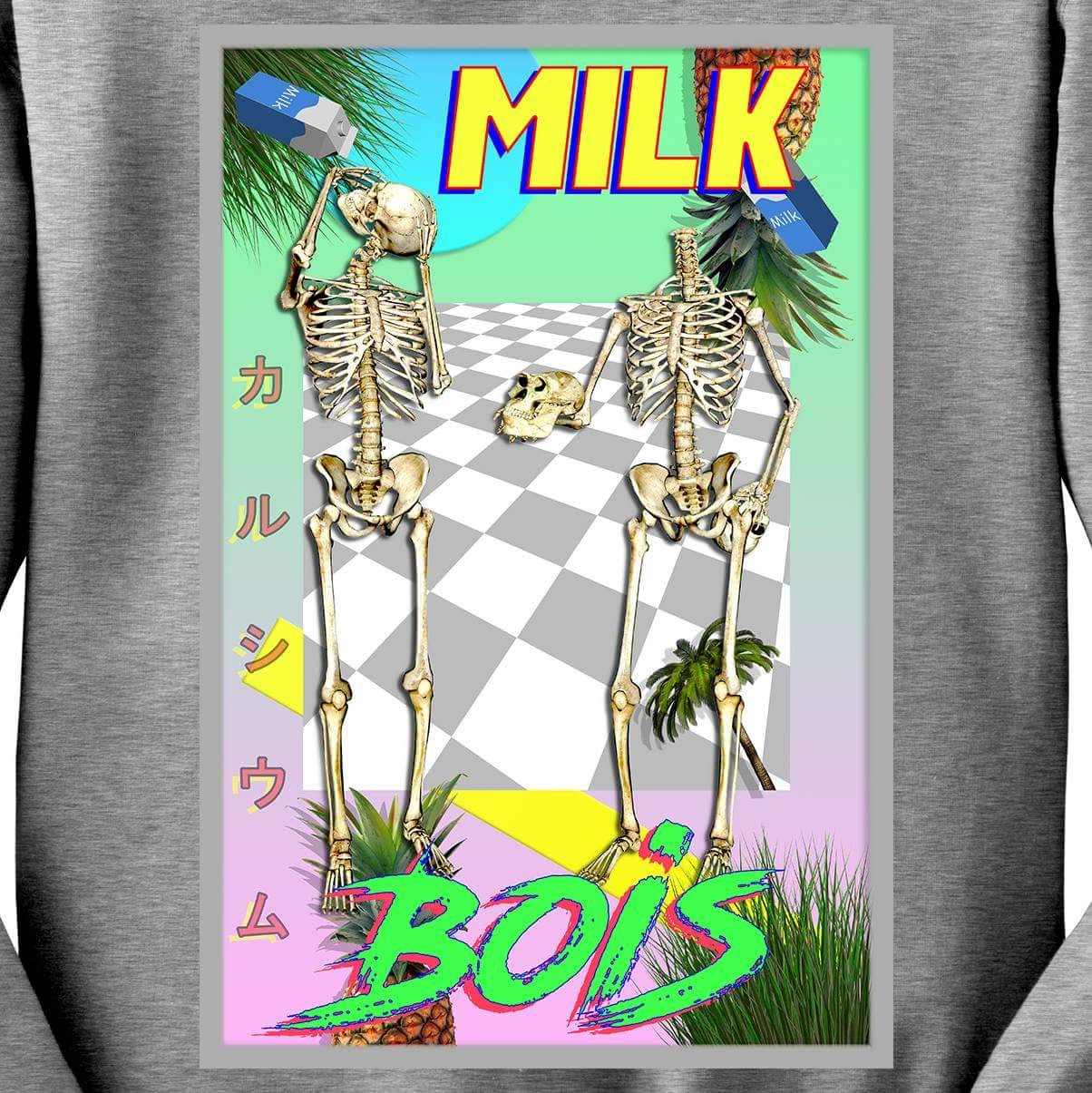 The meme features a poster with a green background, displaying two skeletons in the center, each holding a carton of milk. The text "MILK" is written in yellow letters at the top, while "BOIS" is written in green letters at the bottom. The image also includes a pineapple, a palm tree, and a checkered floor, with some Japanese characters on the left side.