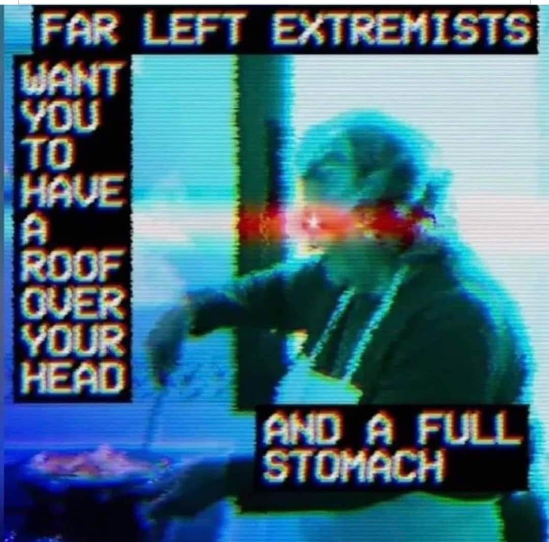 The meme features a character from the popular show "The Office" called Dwight Schrute, who is known for his eccentric and often disturbing personality. The text in the image reads, "Far left extremists want you to have a roof over your head and a full stomach." This is a satirical statement, as it is unlikely that far left extremists would want to provide these basic needs for people. The image is likely meant to be humorous and satirize the idea that far left extremists are not only interested in helping others, but also to have them as followers.