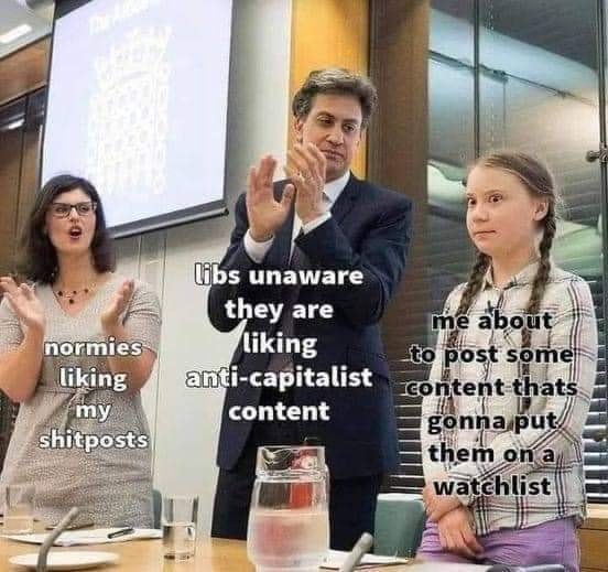 The meme features a group of people in a meeting, with one person standing up and clapping. The text on the image reads: "normies liking my shitposts" on the left, "libs unaware they are liking anti-capitalist content" in the middle, and "me about to post some content that's gonna put them on a watchlist" on the right. The meme humorously pokes fun at the idea of people trying to hide their true beliefs or interests, while also being aware of the potential for others to be watching them.