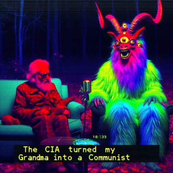 This meme is a satirical image that combines two seemingly unrelated elements: a conversation between a person and a goat-like creature with multiple eyes and horns, and a statement that reads, "The CIA turned my grandma into a communist." The image likely uses humor to comment on the idea of a person's normal, non-Communist, and possibly even anti-Communist, "grandma" being turned into a Communist by the CIA, a federal agency, which is a counterintuitive and humorous concept. The image is likely meant to be humorous and satirical, and may be intended to comment on the idea of the government or other powerful institutions having a significant impact on individuals' lives.