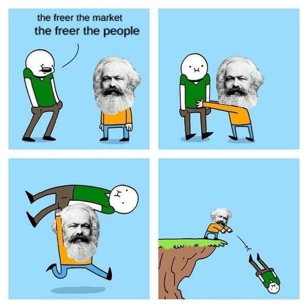 The meme is a series of four images featuring a character with a Karl Marx-like face in a stick figure-like body. The first image shows the character saying "the freer the market, the freer the people," with a smiling face. The next three images show the character being pushed, thrown, and finally, pushed off a cliff, with each image featuring a increasingly anguished face. The text "the freer the market, the freer the people" is repeated in each image, with the last one reading "the freer the market, the freer the dead."
