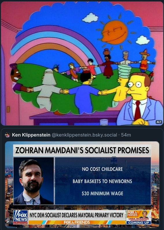 This meme is a satirical commentary on the 2020 US presidential election, specifically the Democratic primary. The image depicts a scene from The Simpsons, where a group of people are holding hands and looking at a rainbow, with the caption "Zoheran Mamdani's Socialist Promises" written above it. The text below the image lists several promises, including "no cost childcare", "baby baskets to newborns", and a "$30 minimum wage".