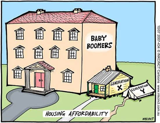 The meme is a cartoon of a large house with a sign that reads "Baby Boomers" on it. In front of the house is a small, rundown house with a sign that reads "Generation X" and a sign that reads "Generation Y" is lying on the ground nearby. The text "Housing Affordability" is written at the bottom of the image.