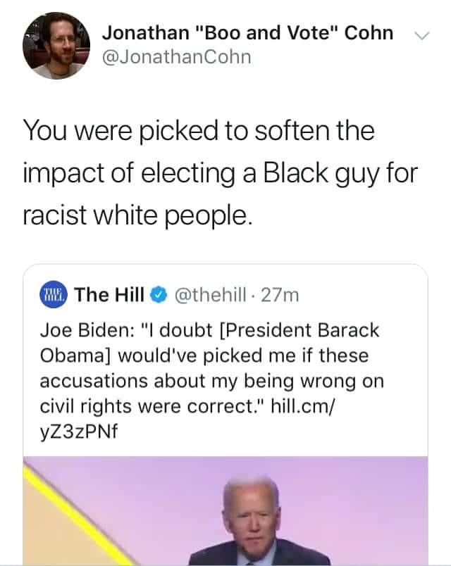 The meme is a screenshot of a tweet that responds to a quote from Joe Biden. The quote is from a 2020 interview where he said he had never been asked to be an "Obama" type candidate. The tweet criticizes this statement by saying that he was indeed asked to be an "Obama" type candidate, as he was selected to be the "Obama" type candidate in 2016. The tweet is critical of the statement and the idea that he was not asked to be an "Obama" type candidate.
