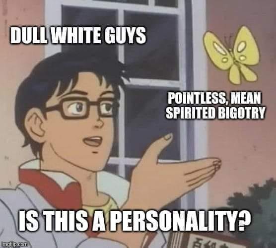 The meme features a character from the anime "Nobita" from the "Dorukon" series. The character is holding a butterfly and saying "Dull white guys, is this a personality?" with a butterfly flying away. The text "Dull white guys, is this a personality?" is in a white font, while the text "Pointless, mean spirited bigotry" is in a red font.