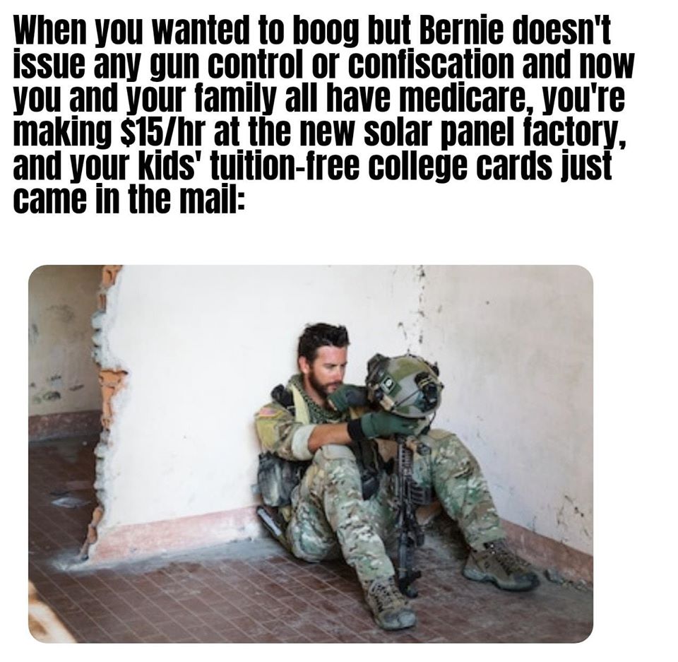 The meme is a humorous commentary on the contrast between Bernie Sanders' (a US politician) desire to implement policies that would reduce the wealth and power of the wealthy and the reality of how that would actually be implemented. The image shows a man in a military uniform and a child in a military uniform, both sitting in a room. The text above the image reads: "When you wanted to boog but Bernie doesn't issue any gun control or confiscation and now you and your family all have medicare, you're making $15/hour at the new solar panel factory, and your kids' tuition-free college cards just came in the mail."