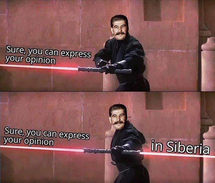 The meme is a humorous take on the concept of "expressing oneself" in a country where such freedom is not available. It features a character from the Star Wars franchise, Obi-Wan Kenobi, holding a lightsaber and saying "Sure, you can express yourself" before switching to a different character, saying "In Siberia, you can't." The text is meant to be humorous and satirical, highlighting the contrast between the freedom to express oneself in some countries and the lack of such freedom in others.