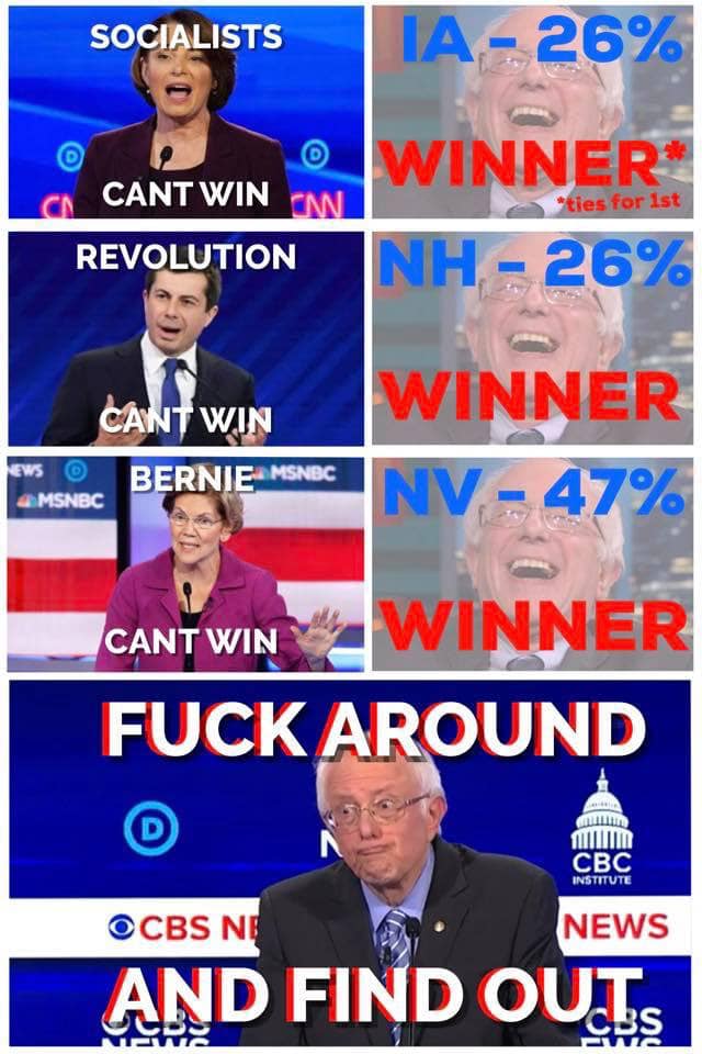 This meme is a satirical commentary on the 2020 Democratic primary elections. It features a series of images of the 2020 Democratic primary candidates, including Elizabeth Warren, Pete Buttig... [read more on the image description]