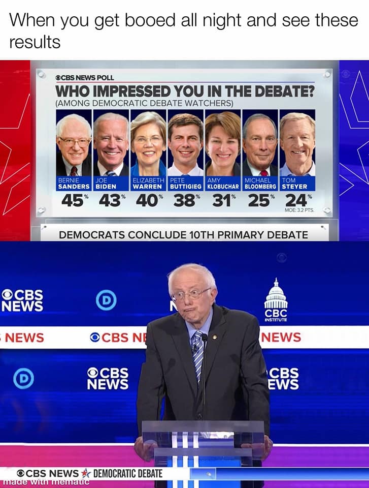 The meme is a satirical commentary on the 2020 Democratic primary debate. It shows a graphic from the debate with a poll question asking which candidate "impressed" viewers. The top answer is Bernie Sanders, with 45% of the vote. The meme is captioned "When you get booed all night and still win". This implies that despite being booed by the audience, Sanders still won the debate.