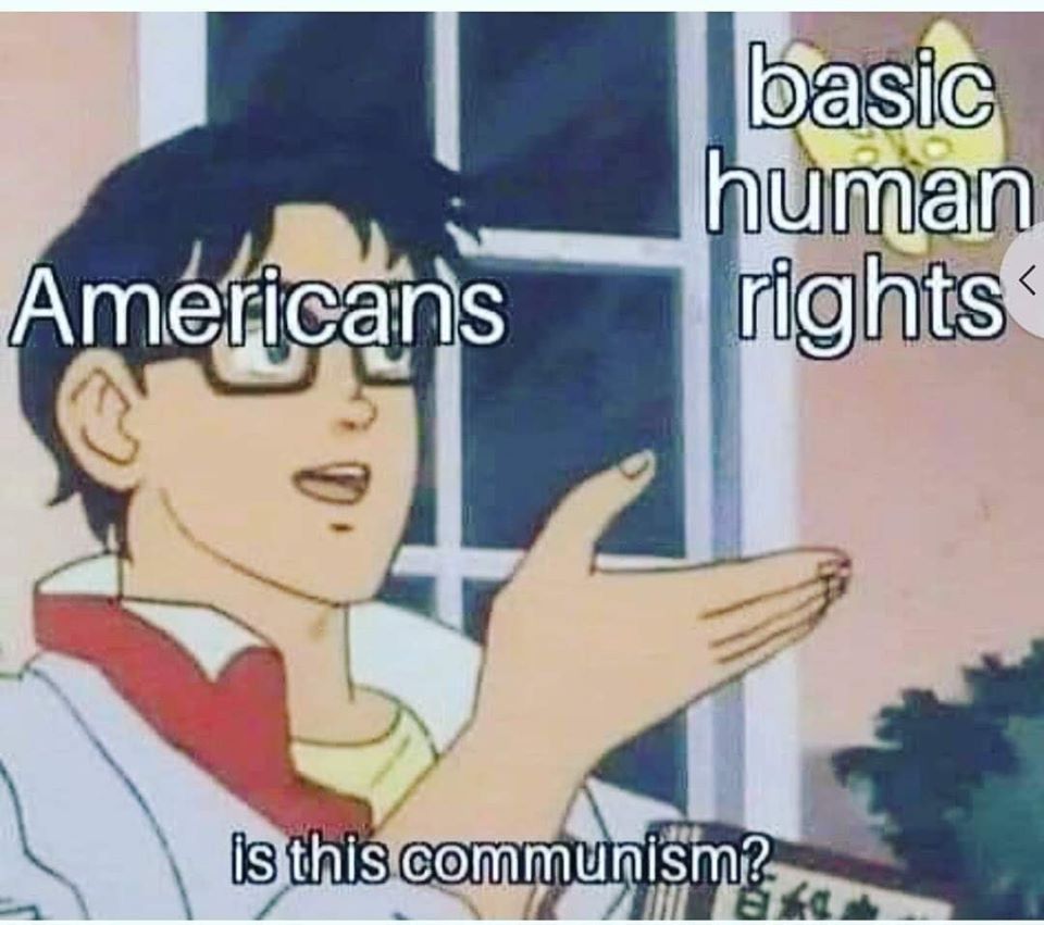 The meme is a humorous take on the idea that Americans often assume that their country is the most free and democratic, when in reality it is actually a form of authoritarianism or even a form of communism. The image is a still from the anime "Lupin III" where the character is asking if the United States is a form of communism. The text on the image reads: "Americans: is this communism?" and "basic human rights: is this communism?"