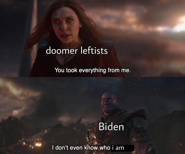 This meme is a humorous exchange between two characters from the Marvel Cinematic Universe, Wanda (from "Wanda" or "WandaVision") and Thanos (from "Avengers: Infinity War"). The text reads: "Wanda: 'You took everything from me.' Thanos: 'I don't even know who I am.'" The meme uses this quote to comment on the current state of politics, particularly the relationship between President Joe Biden and his Democratic Party, which is often referred to as "Dems" or "leftists." The meme suggests that the leftists, or "Dems," are so powerful and have taken everything from the right, or "Biden," who doesn't even know who he is.