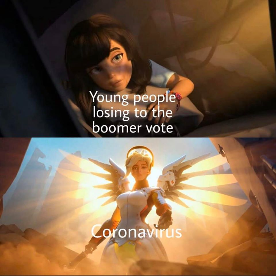This meme is a humorous commentary on the generational divide in response to the COVID-19 pandemic. The top image features a character from the movie "Inside Out" looking at a screen with a worried expression, while the bottom image shows a character from the game "Overwatch" with a heroic pose. The text in the top image reads, "Young people losing to the boomer vote," and the text in the bottom image reads, "Coronavirus." The meme is likely poking fun at the idea that younger generations are not as effective in their efforts to combat the pandemic, while older generations (the "boomers") are more effective.