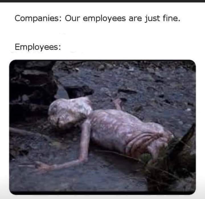 This meme is a humorous commentary on the state of employee well-being in the workplace. The image is a still from the 2008 film "The Dark Knight" where a character, known as the Joker, is severely burned and disfigured. The text above the image reads "Companies: Our employees are just fine." and "Employees:" with a blank space, implying a stark contrast between the company's claims and the actual state of their employees.