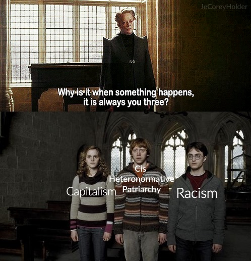 The meme features a still from the Harry Potter series, specifically a scene where a character is addressing the students at Hogwarts. The text "Why is it always you three?" is overlaid on the image, referencing the character's question to the main trio of characters. The text "Why is it always you three?" is followed by a series of labels, including "CIS", "Heteronormative", "Patriarchy", and "Racism", which are all being applied to the characters' names.