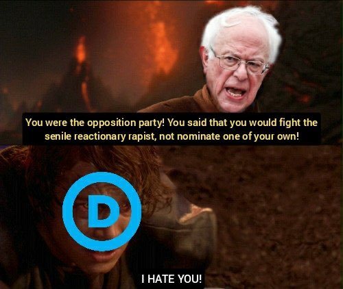 The meme features a photo of Bernie Sanders from the movie "The Hunt" (2018), where he's being attacked by a group of people. The text overlay reads: "You were the opposition party! You said that you would fight the senile, reactionary, rapist, not nominate one of your own!" and "I hate you!"