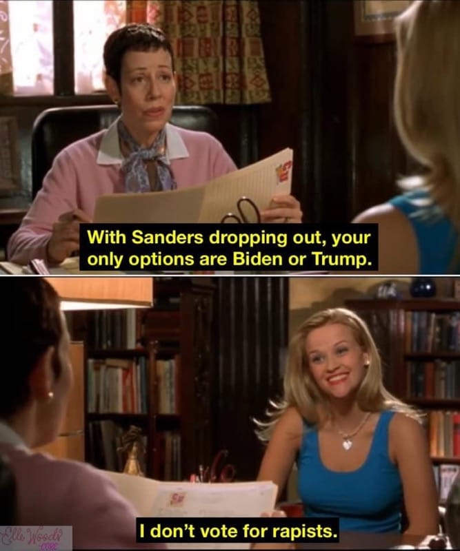 This meme is a humorous take on the 1999 film "Election" and the 2020 US presidential election. The meme features a character from the film saying "I don't vote for rapists" in response to a question about voting for either Biden or Trump. The quote is often used to express disapproval of both candidates and to emphasize the importance of voting for a more progressive candidate.