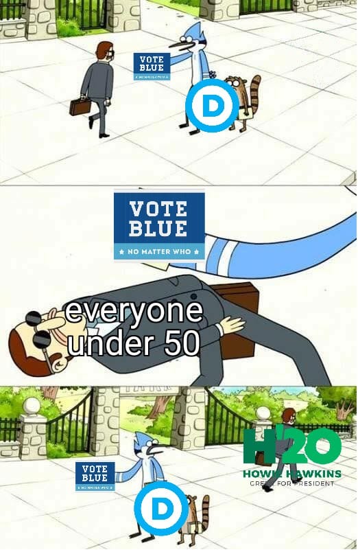 The meme is a two-panel image from the animated TV show "Regularly  a  at  . In the first panel, a character named  is  . In the second panel, the character is lying on the ground with a sign that says "Everyone under 50". The image is a satirical commentary on the 2020 US presidential election, with the character's sign referencing the age of the   .