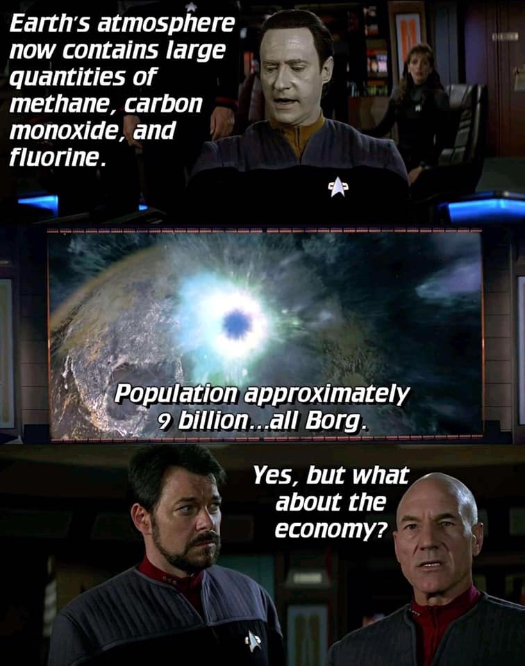 The meme is a humorous take on a Star Trek: The Next Generation episode where the character Data is trying to understand a complex concept. The meme features a still image from the show with a caption that reads: "Earth's atmosphere now contains... [insert large quantity of gas]". The text is presented in a style that's reminiscent of a scientific or educational video. The meme is meant to be humorous and satirical, poking fun at the idea of a complex scientific concept being explained in a way that's easy to understand.