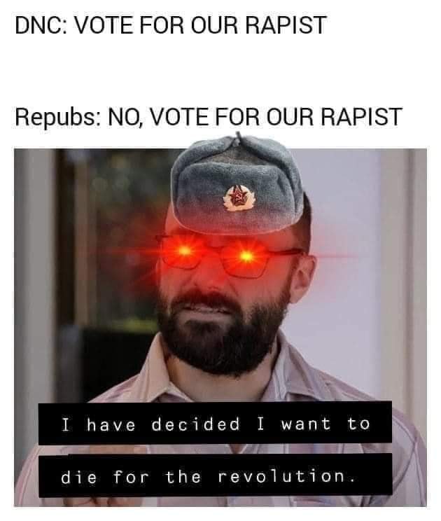 This meme is a humorous commentary on the 2020 US presidential election. The image depicts a person with a red, glowing, and angry-looking face, wearing a hat with a red star. The text "I have decided I want to die for the revolution" is overlaid on the image, referencing the infamous "I have decided I want to die for the revolution" quote from the 2000 film "The 2000s" (also known as "The 2000s" or "The 2000s" by the 2000s).