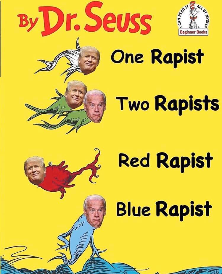 This meme is a play on the classic Dr. Seuss book "One Fish, Two Fish, Red Fish, Blue Fish". The meme replaces the traditional fish characters with images of Donald Trump and Joe Biden, with the title "One Racist, Two Racists, Red Racist, Blue Racist" and "Red Racist" and "Blue Racist" replaced with "Red Racist" and "Blue Racist" is replaced with "Red Racist" and "Blue Racist" is replaced with "Red Racist" and "Blue Racist" is replaced with "Red Racist" and "Blue Racist" is replaced with "Red Racist" and "Blue Racist" is replaced with "Red Racist" and "Blue Racist" is replaced with "Red Racist" and "Blue Racist" is replaced with "Red Racist" and "Blue Racist" is replaced with "Red Racist" and "Blue Racist" is replaced with "Red Racist" and "Blue Racist" is replaced with "Red Racist" and "Blue Racist" is replaced with "Red Racist" and "Blue Racist" is replaced with "Red Racist" and "Blue Racist" is replaced with "Red Racist" and "Blue Racist" is replaced with "Red Racist" and "Blue Racist" is replaced with "Red Racist" and "Blue Racist" is replaced with "Red Racist" and "Blue Racist" is replaced with "Red Racist" and "Blue Racist" is replaced with "Red Racist" and "Blue Racist" is replaced with "Red Racist" and "Blue Racist" is replaced with "Red Racist" and "Blue Racist" is replaced with "Red Racist" and "Blue Racist" is replaced with "Red Racist" and "Blue Racist" is replaced with "Red Racist" and "Blue Racist" is replaced with "Red Racist" and "Blue Racist" is replaced with "Red Racist" and "Blue Racist" is replaced with "Red Racist" and "Blue Racist" is replaced with "Red Racist" and "Blue Racist" is replaced with "Red Racist" and "Blue Racist" is replaced with "Red Racist" and "Blue Racist" is replaced with "Red Racist" and "Blue Racist" is replaced with "Red Racist" and "Blue Racist" is replaced with "Red Racist" and "Blue Racist" is replaced with "Red Racist" and "Blue Racist" is replaced with "Red Racist" and "Blue Racist" is replaced with "Red Racist" and "Blue Racist" is replaced with "Red Racist" and "Blue Racist" is replaced with "Red Racist" and "Blue Racist" is replaced with "Red Racist" and "Blue Racist" is replaced with "Red Racist" and "Blue Racist" is replaced with "Red Racist" and "Blue Racist" is replaced with "Red Racist" and "Blue Racist" is replaced with "Red Racist" and "Blue Racist" is replaced with "Red Racist" and "Blue Racist" is replaced with "Red Racist" and "Blue Racist" is replaced with "Red Racist" and "Blue Racist" is replaced with "Red Racist" and "Blue Racist" is replaced with "Red Racist" and "Blue Racist" is replaced with "Red Racist" and "Blue Racist" is replaced with "Red Racist" and "Blue Racist" is replaced with "Red Racist" and "Blue Racist" is replaced with "Red Racist" and "Blue Racist" is replaced with "Red Racist" and "Blue Racist" is replaced with "Red Racist" and "Blue Racist" is replaced with "Red Racist" and "Blue Racist" is replaced with "Red Racist" and "Blue Racist" is replaced with "Red Racist" and "Blue Racist" is replaced with "Red Racist" and "Blue Racist" is replaced with "Red Racist" and "Blue Racist" is replaced with "Red Racist" and "Blue Racist" is replaced with "Red Racist" and "Blue Racist" is replaced with "Red Racist" and "Blue Racist" is replaced with "Red Racist" and "Blue Racist" is replaced with "Red Racist" and "Blue Racist" is replaced with "Red Racist" and "Blue Racist" is replaced with "Red Racist" and "Blue Racist" is replaced with "Red Racist" and "Blue Racist" is replaced with "Red Racist" and "Blue Racist" is replaced with "Red Racist" and "Blue Racist" is replaced with "Red Racist" and "Blue Racist" is replaced with "Red Racist" and "Blue Racist" is replaced with "Red Racist" and "Blue Racist" is replaced with "Red Racist" and "Blue Racist" is replaced with "Red Racist" and "Blue Racist" is replaced with "Red Racist" and "Blue Racist" is replaced with "Red Racist" and "Blue Racist" is replaced with "Red Racist" and "Blue Racist" is replaced with "Red Racist" and "Blue Racist" is replaced with "Red Racist" and "Blue Racist" is replaced with "Red Racist" and "Blue Racist" is replaced with "Red Racist" and "Blue Racist" is replaced with "Red Racist" and "Blue Racist" is replaced with "Red Racist" and "Blue Racist" is replaced with "Red Racist" and "Blue Racist" is replaced with "Red Racist" and "Blue Racist" is replaced with "Red Racist" and "Blue Racist" is replaced with "Red Racist" and "Blue Racist" is replaced with "Red Racist" and "Blue Racist" is replaced with "Red Racist" and "Blue Racist" is replaced with "Red Racist" and "Blue Racist" is replaced with "Red Racist" and "Blue Racist" is replaced with "Red Racist" and "Blue Racist" is replaced with "Red Racist" and "Blue Racist" is replaced with "Red Racist" and "Blue Racist" is replaced with "Red Racist" and "Blue Racist" is replaced with "Red Racist" and "Blue Racist" is replaced with "Red Racist" and "Blue Racist" is replaced with "Red Racist" and "Blue Racist" is replaced with "Red Racist" and "Blue Racist" is replaced with "Red Racist" and "Blue Racist" is replaced with "Red Racist" and "Blue Racist" is replaced with "Red Racist" and "Blue Racist" is replaced with "Red Racist" and "Blue Racist" is replaced with "Red Racist" and "Blue Racist" is replaced with "Red Racist" and "Blue Racist" is replaced with "Red Racist" and "Blue Racist" is replaced with "Red Racist" and "Blue Racist" is replaced with "Red Racist" and "Blue Racist" is replaced with "Red Racist" and "Blue Racist" is replaced with "Red Racist" and "Blue Racist" is replaced with "Red Racist" and "Blue Racist" is replaced with "Red Racist" and "Blue Racist" is replaced with "Red Racist" and "Blue Racist" is replaced with "Red Racist" and "Blue Racist" is replaced with "Red Racist" and "Blue Racist" is replaced with "Red Racist" and "Blue Racist" is replaced with "Red Racist" and "Blue Racist" is replaced with "Red Racist" and "Blue Racist" is replaced with "Red R The image is a satirical take on the classic children's book "One Fish, Two Fish, Red Fish, Blue Fish" by Dr. Seuss. The title has been modified to "One Racist, Two Racist, Red Racist, Blue Racist" with the fish characters replaced with images of Donald Trump and Joe Biden. The meme is a commentary on the use of racist language and the need for the use of racist language to be reduced.