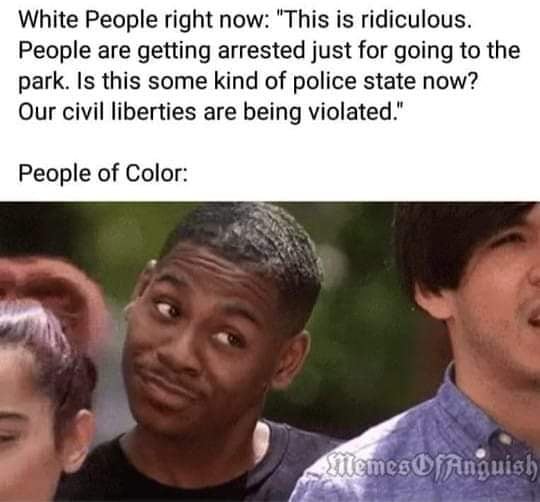 This meme is a reaction to a news report or a social media post about a police officer or a law enforcement officer making a comment that is perceived as insensitive or racist. The text above the image reads: "White people right now: 'This is ridiculous. People are getting arrested just for going to the park. Is this some kind of police state now? Our civil liberties are being violated.'"  The image below is a still from the TV show "The Office" featuring a character named Darryl, played by actor Darryl J. Z J J J J. The character is looking at something with a confused expression.