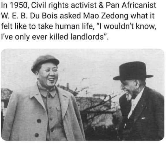 This meme is a humorous quote from 1950 that compares the infamous quotes of two influential figures from different eras. The quote is attributed to W.E.B. Du Bois, a civil rights activist, who is quoted as saying: "In 1950, a civil rights activist and Pan Africanist W.E.B. Du Bois asked Mao Zedong what it felt like to take human life, 'I wouldn't know, I've only ever killed landlords'."