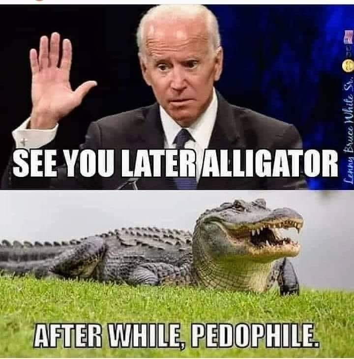 The meme is a play on the phrase "see you later alligator" and features a split image. On the top, it shows a photo of Joe Biden with the text "See you later alligator" above it. Below, it shows a photo of an alligator with the text "After while, pedophile" below it.