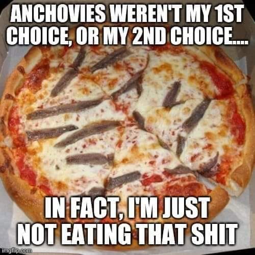 The meme is a humorous response to being forced to eat anchovies on a pizza. The image is a photo of a pizza with anchovies, but the text is not actually visible. The text is a quote from the meme, which reads: "Anchovies weren't my 1st choice, or my 2nd choice... In fact, I'm just not eating that shit." This quote is meant to be humorous and sarcastic, implying that the speaker is not a fan of anchovies and is not going to eat them.