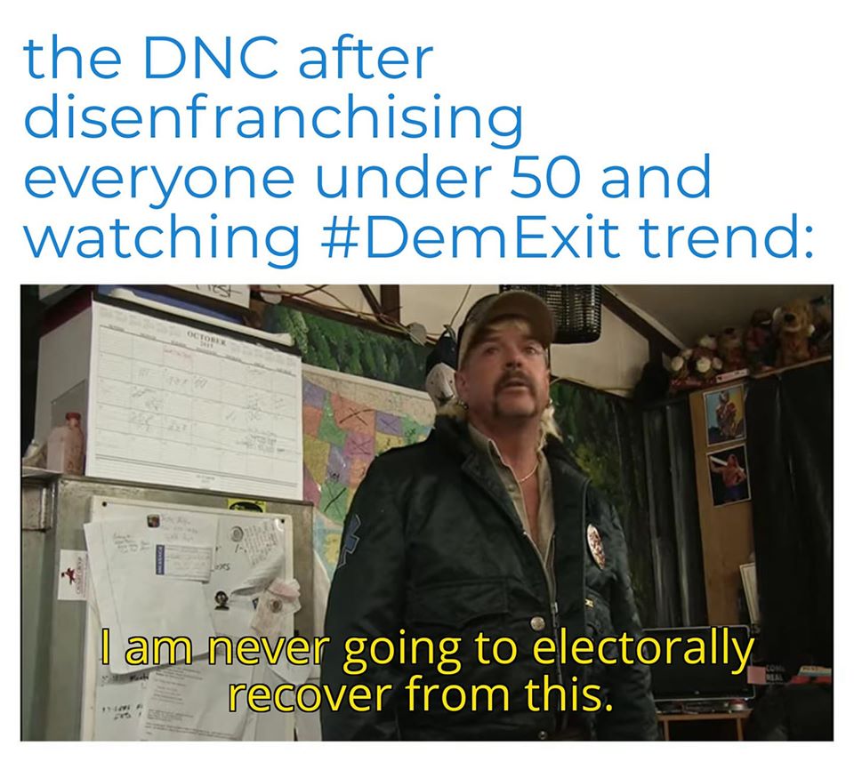 This meme is a humorous take on the Democratic National Committee (DNC) and the 2020 presidential election. The image features a still from the TV show "Tiger King" with a quote from the character Joe Exotic, saying "I am never going to electorally recover from this." The text above the image reads: "the DNC after disenfranchising everyone under 50 and watching #DemExit trend." The meme is a joke about the Democratic Party's struggles to connect with younger voters and the "DemExit" trend on social media, which refers to the idea that many young people are abandoning the Democratic Party.