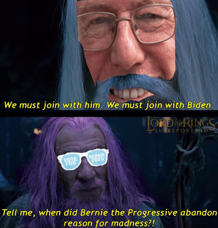 This meme is a humorous take on a popular internet culture phenomenon, specifically the "Lord of the Rings" fandom. The image features a character from the "Lord of the Rings" series, but with a modern twist, as if he's a fan of Bernie Sanders. The text reads: "We must join with him. We must join with Biden." The meme is poking fun at the idea that a fan of the "Lord of the Rings" series would be a fan of a specific politician, in this case, Bernie Sanders.