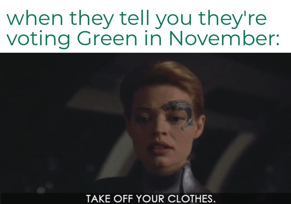 This meme is a humorous commentary on the 2019 UK general election, specifically the Labour Party's "Get Ready for Labour" campaign. The image features a character from the TV show "Star Trek: The Next Generation" (Beverly ... more ... ) with a shocked expression. The text at the top of the image reads, "When they tell you they're voting Green in November," and the text at the bottom reads, "Take off your clothes." The meme is likely meant to be humorous and satirical, poking fun at the idea that someone would vote for the Green Party in the UK's general election.