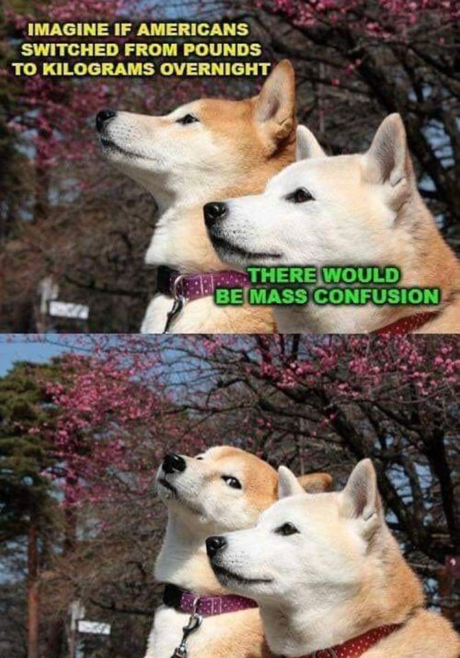 The meme features two dogs, one with a concerned expression and the other with a calm one. The text at the top reads "Imagine if Americans switched from pounds to kilograms overnight." The bottom text says "There would be mass confusion." The image is a humorous commentary on the potential chaos that would ensue if the US suddenly switched to the metric system.