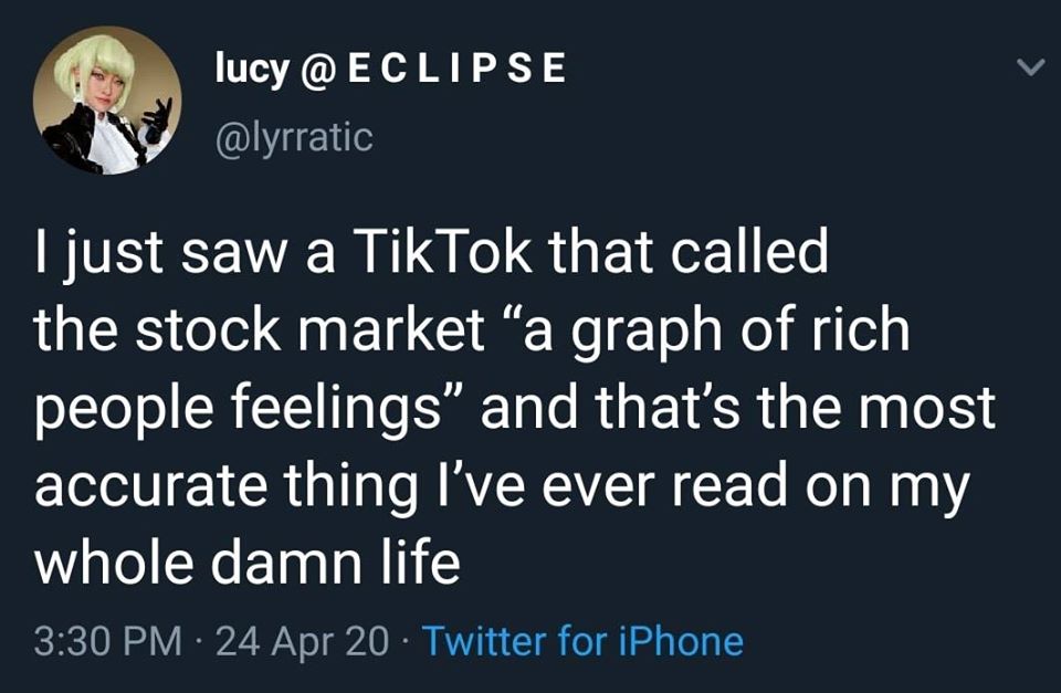 The meme is a screenshot of a tweet from a user named "lucy" who is sharing their reaction to a TikTok video that compares the stock market to a "graph of rich people's feelings". The user is expressing their surprise and amusement at the idea that a video on the stock market could be compared to a video of people's emotions.