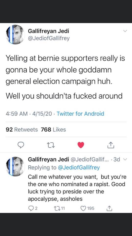 This meme is a Twitter exchange between two users, @JedofGallifrey and @JedofGallifrey (same person, using different accounts). The first tweet is a response to a hypothetical scenario where a person is being told to not insult someone's campaign for president. The second tweet is a response to a person who has been nominated for a position of power. The tone of the second tweet is sarcastic and critical.
