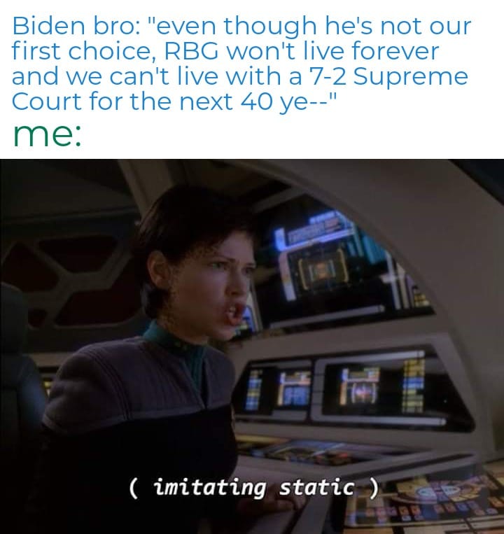 This meme is a humorous exchange between two people, with the top text being a quote from a person who is not a fan of Joe Biden's policies, and the bottom text being a sarcastic response. The image features a character from the TV show "Star Trek: The Next Generation" looking at a computer screen with a confused expression, with the text "(imitating static)" appearing below her. The text "I'm not even going to explain it" is not present in the original meme.