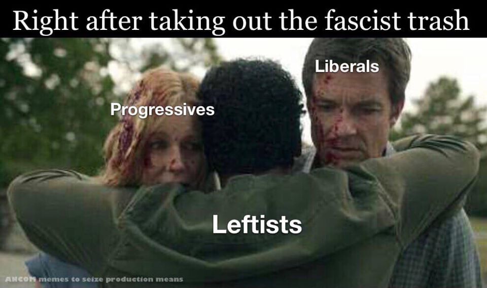 The meme is a still image from the TV show "This Is Us" where the character Randall is hugging his father after a traumatic event. The image is captioned "Right after taking out the fascist trash" and features text labels for the characters, including "Progressives", "Leftists", "Liberals", and "Racists" (implied by the context). The meme is a satirical take on the idea that some people are so outraged by the idea of taking out a "fascist" that they are willing to use violence to do so.
