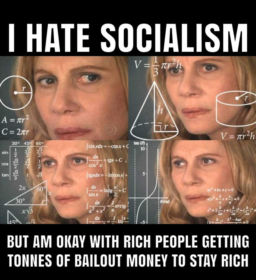 This meme features a woman with a confused expression, surrounded by complex mathematical equations and diagrams. The text at the top reads "I HATE SOCIALISM" and at the bottom, "But I'm okay with rich people getting bailout money to stay rich". The image is a humorous take on the idea that someone who claims to hate socialism is actually okay with it when it benefits themselves.