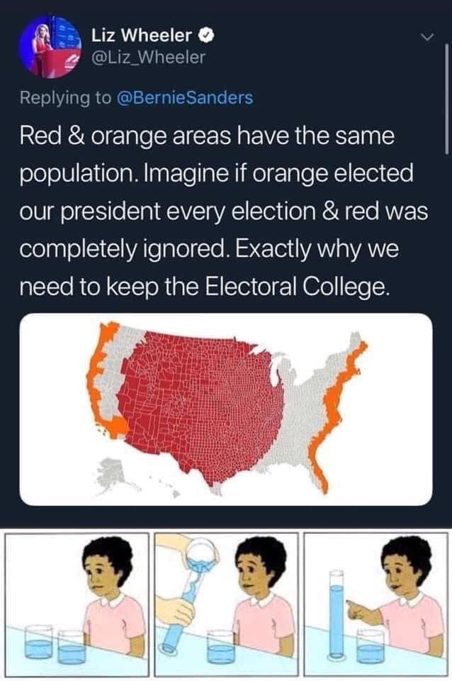 The meme is a humorous commentary on the 2020 US presidential election. It features a map of the United States with red and orange areas, implying that these areas have the same population. The text above the map reads: "Red & orange areas have the same population. Imagine if orange elected our president every election & red was completely ignored. Exactly why we need to keep the Electoral College."