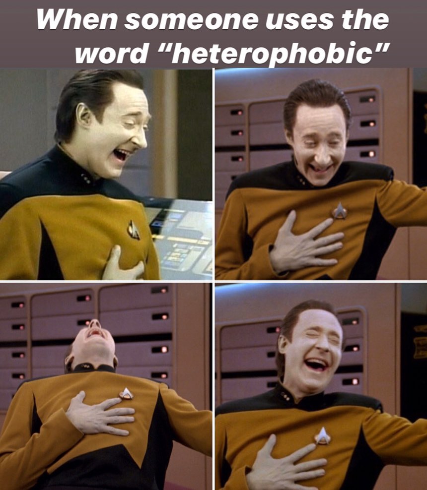 This meme features a character from the TV show "Star Trek: The Next Generation" named Jean-Luc Picard, played by actor Patrick Stewart. The meme shows Picard in a series of comedic, exaggerated expressions of embarrassment or discomfort, with the text "When someone uses the word 'heterophobic'" above the images. The meme is poking fun at the idea that someone might be offended or embarrassed by the word "heterophobic", which refers to a person who is prejudiced against or dislikes people who are not of the same sex or sexual orientation.