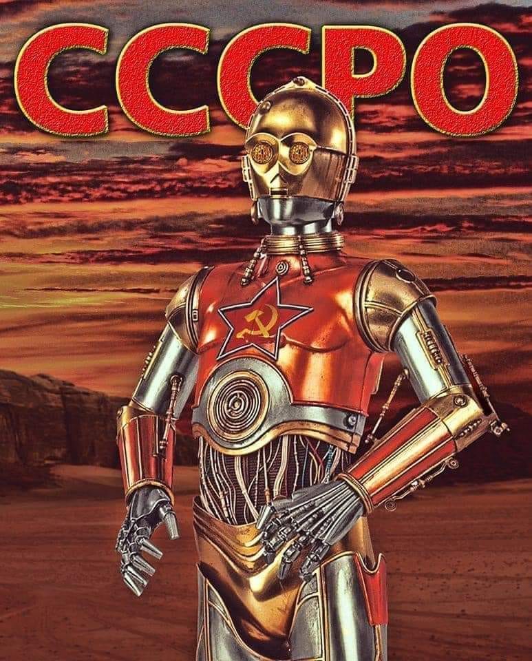 This meme is a humorous image of the Star Wars character C-3PO, a robot, wearing a red star and hammer and sickle, symbols of the Soviet Union, and the words "CCP" (not "CCP0") and "O" above it. The image is meant to be a joke about the Soviet Union's Cold War-era relationship with Star Wars, a science fiction franchise that was often seen as a symbol of Western capitalism. The image is likely meant to be ironic or satirical, poking fun at the idea of a Soviet-themed C-3PO.