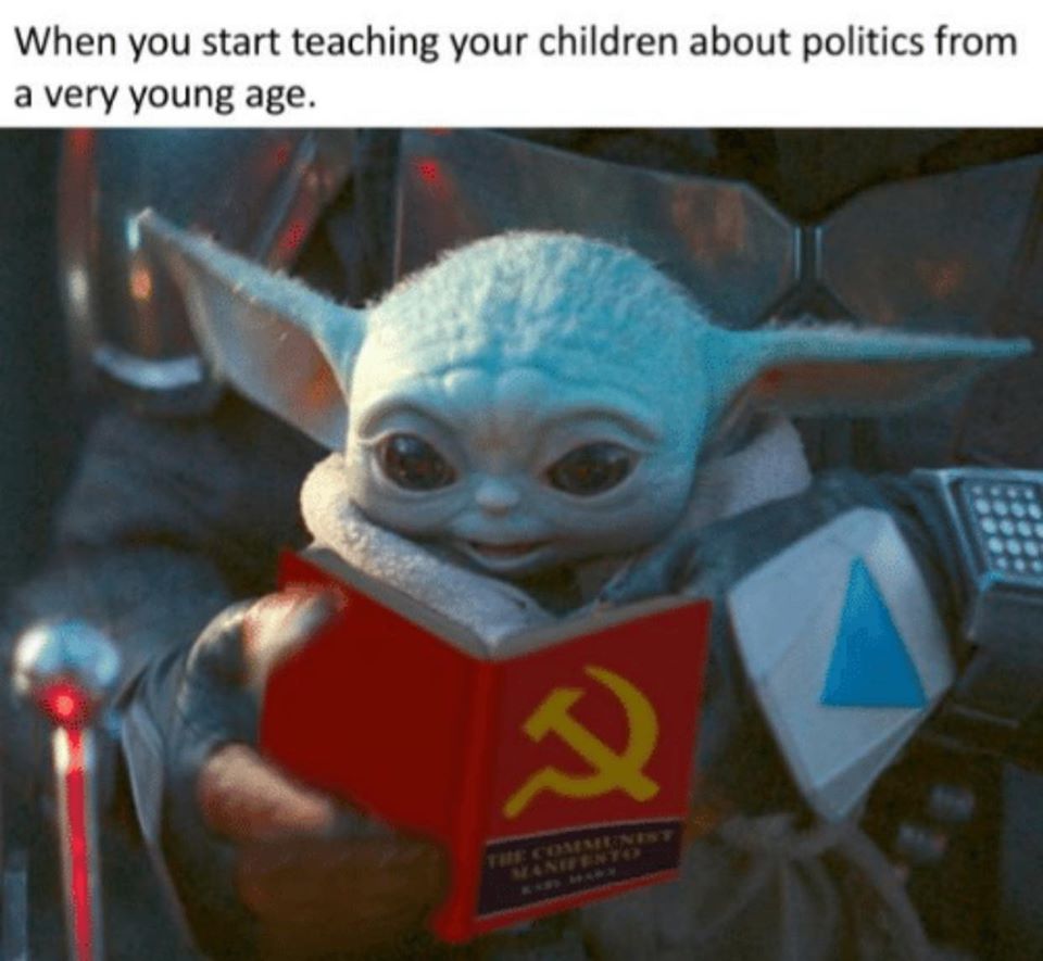 The meme features a popular character from the Star Wars franchise, Baby Yoda, holding a book with the cover of "The Communist Manifesto" by Karl Marx. The image is captioned with the text "When you start teaching your children about politics from a very young age." The meme is humorous because it pokes fun at the idea of introducing complex and sensitive topics like communism to children, implying that even a young and innocent character like Baby Yoda is being taught about politics at a young age.
